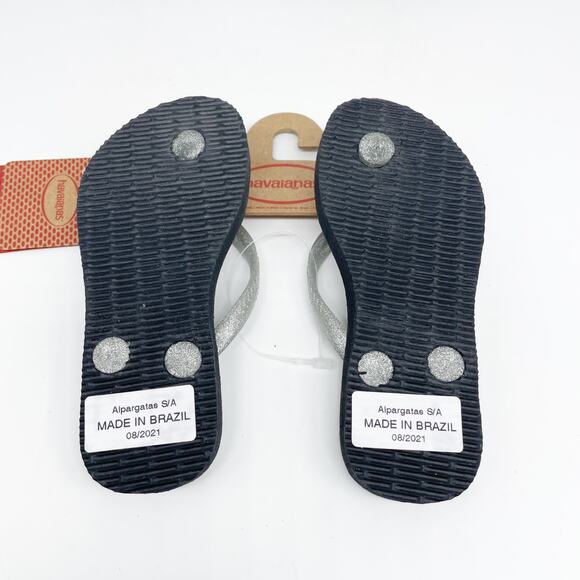 Havaianas Girl's Black Slim Gloss Silver Shimmer Flip Flop Sandals Size 10C - Picture 4 of 4